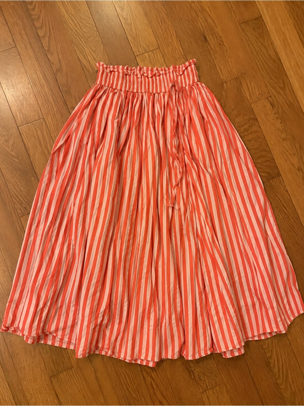 Coral and White Striped Smocked-Waist Midi Skirt